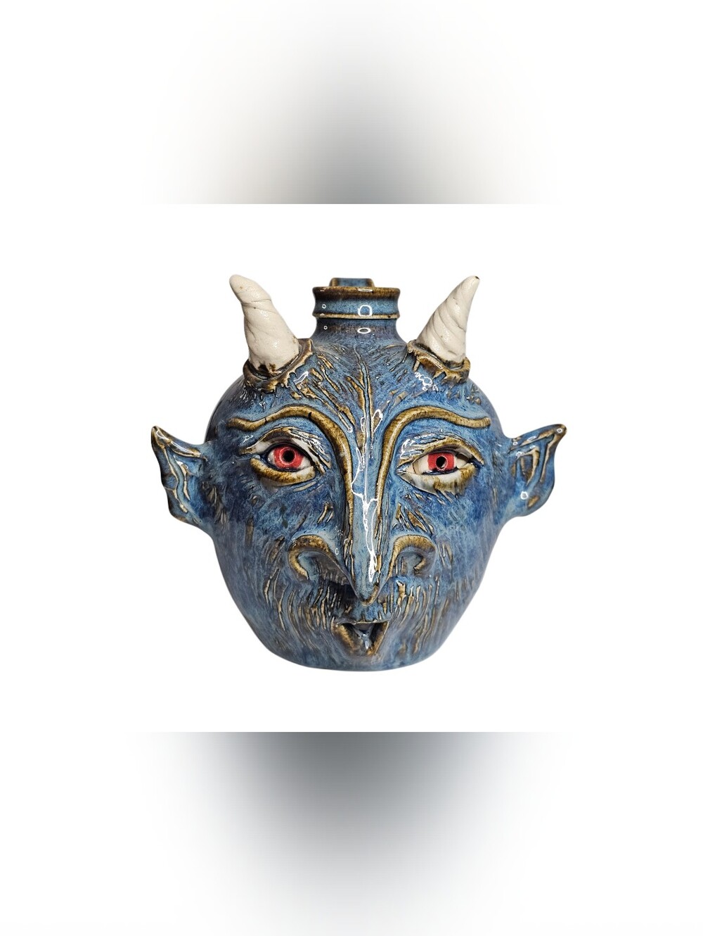Ryan McKay Face Jug Southern Folk Art Pottery Devil Beast Horns Blue Signed 4.5"